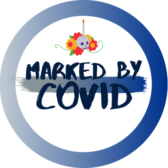 Logo: blue circle with Marked By COVID in the middle